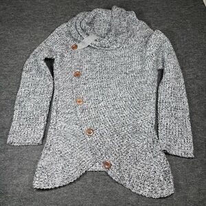 Grey Marled Asymmetrical Button Cowl Neck Chunky‎ Knit Cardigan Sweater XL